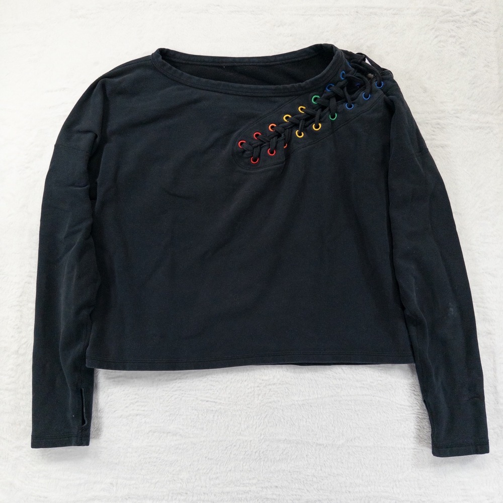 Nancy Rose Performance Sweatshirt 4 Black Rainbow Lace Up Shoulder Long Sleeve *